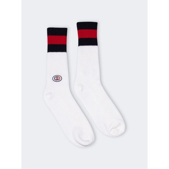 NWT GUCCI SOCKS WHITE WEB GG BLUE RED Classic 727352 Sz M